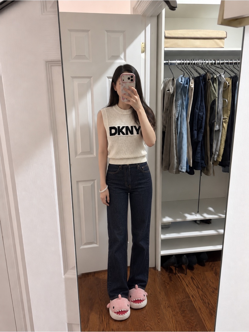 DKNY Cream Knit Logo Sleeveless Tank Top